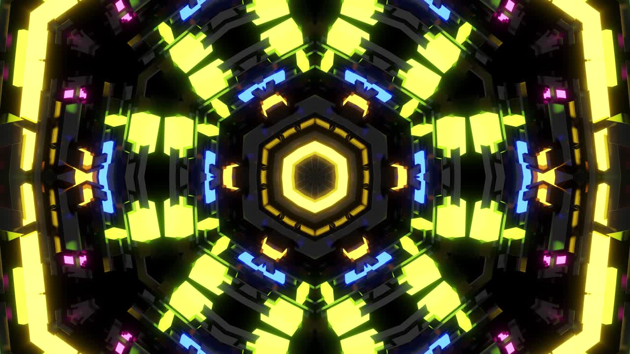Dark neon kaleidoscope with rotation animation. 4k dark looped background with abstract symmetrical pattern of geometric 3d neon light. Science fiction cyberpunk bg for festivals or concerts, VJ loop.