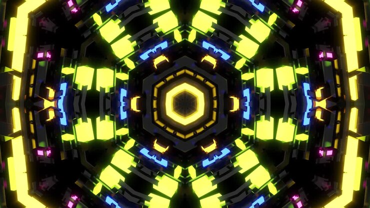 Dark neon kaleidoscope with rotation animation. 4k dark looped background with abstract symmetrical pattern of geometric 3d neon light. Science fiction cyberpunk bg for festivals or concerts, VJ loop.