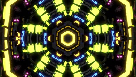 caleidoscopio de neón oscuro con animación de rotación. fondo de bucle oscuro de 4k con patrón simétrico abstracto de luz de neón geométrica 3d. ciencia ficción cyberpunk bg para festivales o conciertos, bucle vj.