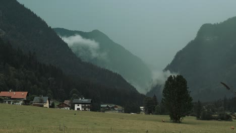 timelapse of rain clouds on countryside farm gosau austria with cows on the green field