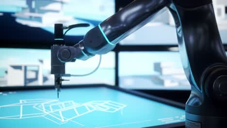 an advanced robotic arm interacts with a digital interface, showcasing precision in rendering architectural designs and enhanced user interaction technologies