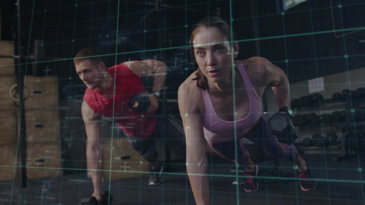 Man and woman holding plank, initiating rows by lifting dumbbells, HUD tracking form and fitness