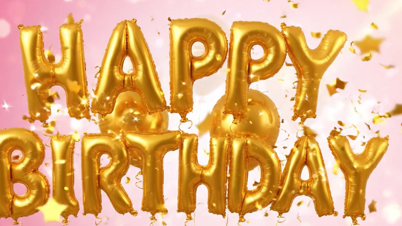 Una Celebrazione Gioiosa: Una Vivace Esposizione di Palloncini Dorati Che Compongono 'Buon Compleanno' Su Uno Sfondo Rosa Tenue, Perfetta per Occasioni Festive