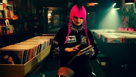 punk girl in a record store