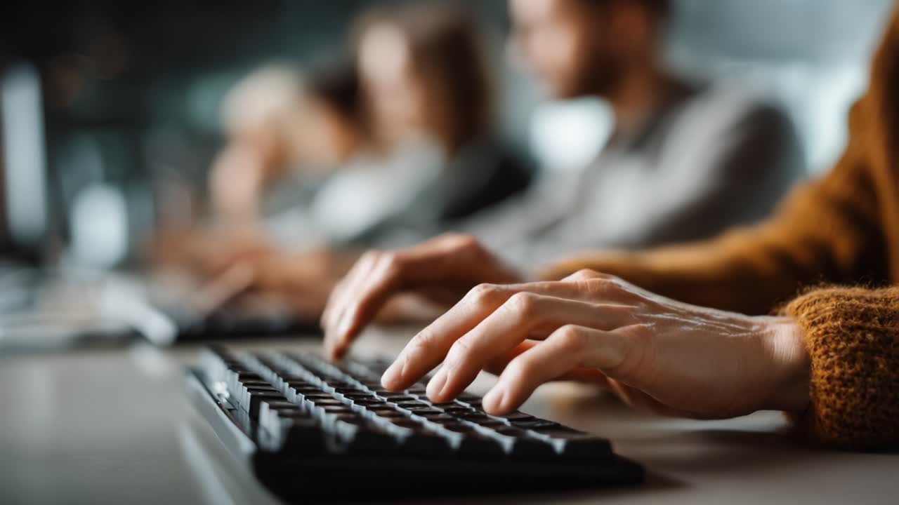 Focused Individuals Collaborating in a Modern Workspace, Engaging in Productive Typing Sessions on Keyboards with Intense Concentration and Collaboration