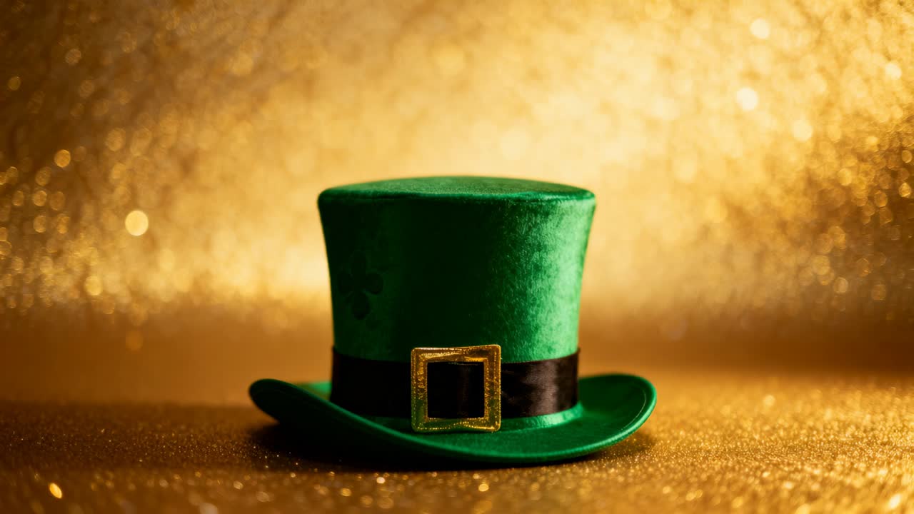 Shifting warm lights causing bokeh glints on green velvet top hat on glittery table showing product