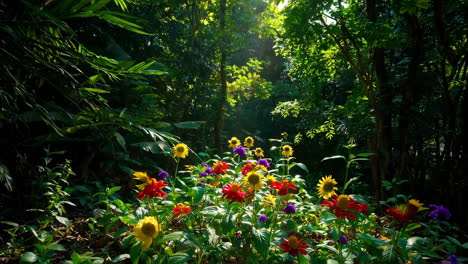colorful flowers in a lush forest garden