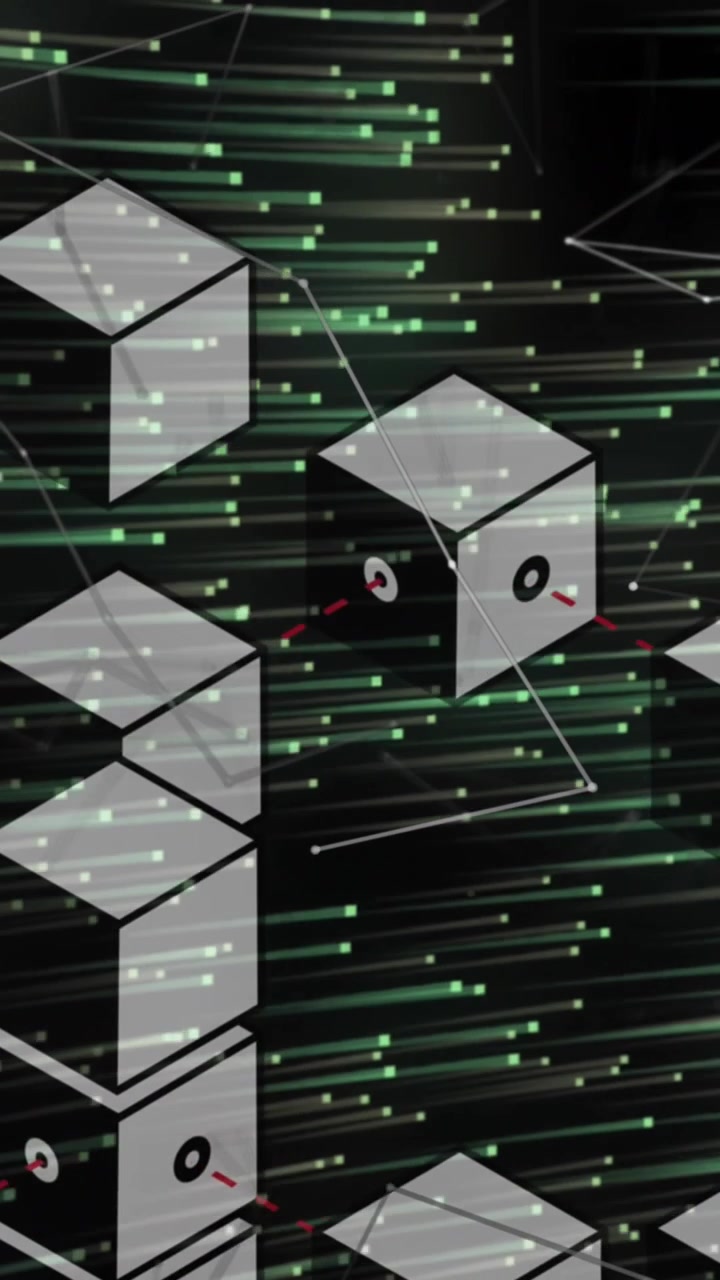 Animation of network of connections with cubes over light trails on black background