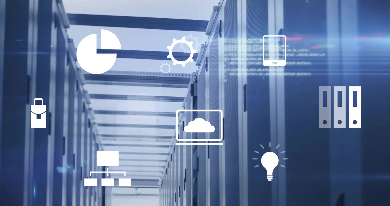 On sequence starting camera moving forward server aisle while icons pulsing illustrating monitoring