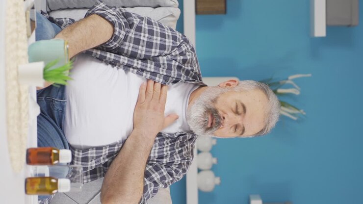 Vertical video of The sick old man can't stop coughing.