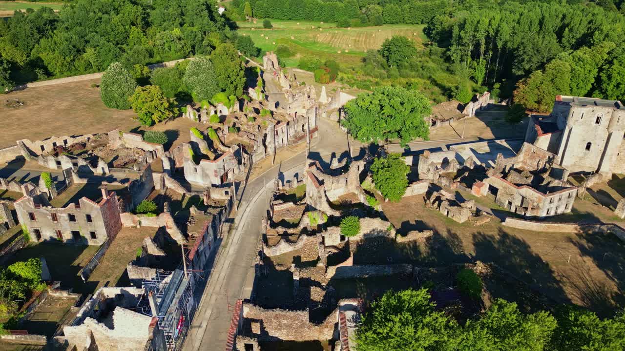 Ruins of Oradour-sur-Glane, village destroyed in World War II, France. Aerial drone sideways