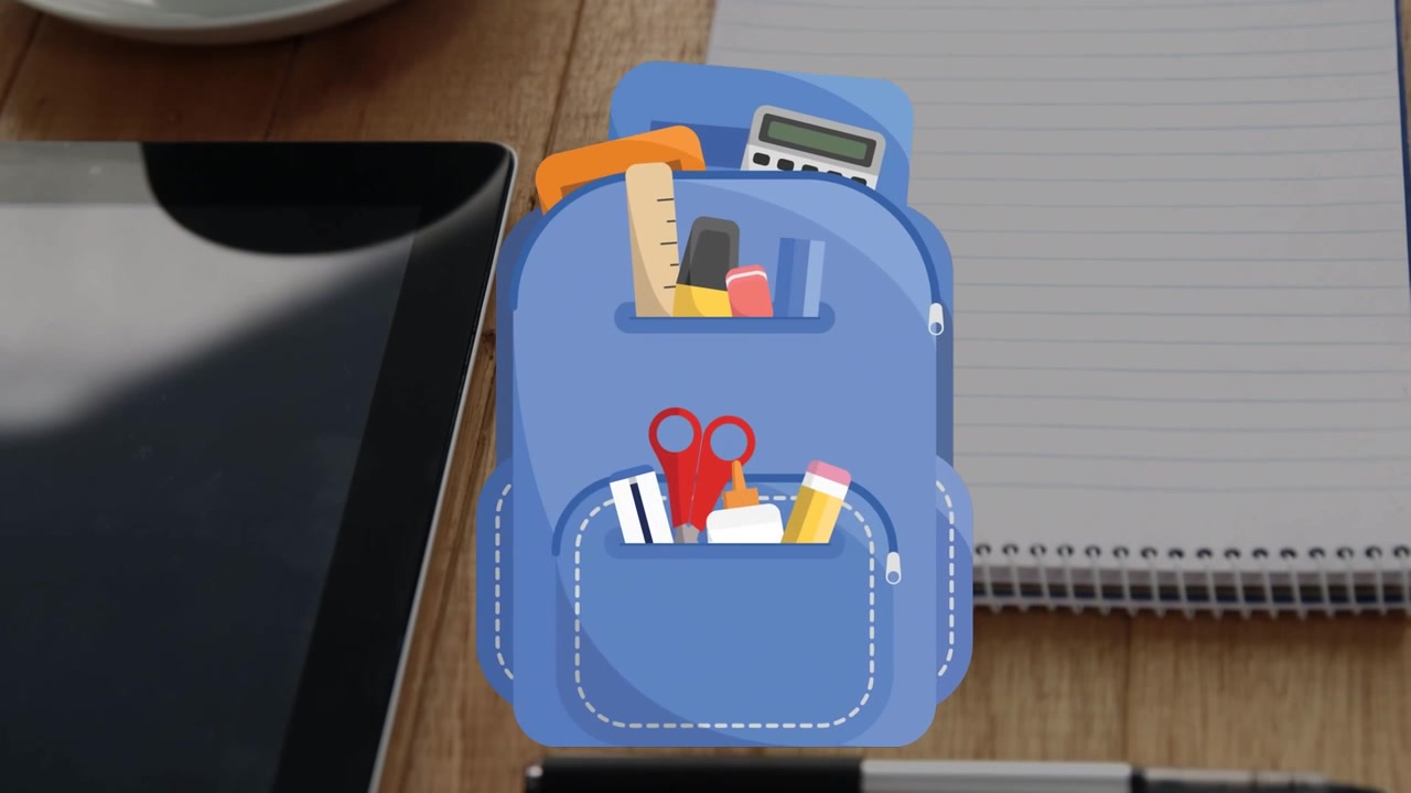 Animasi ikon perlengkapan sekolah di atas meja dengan tablet, buku catatan, dan kopi.