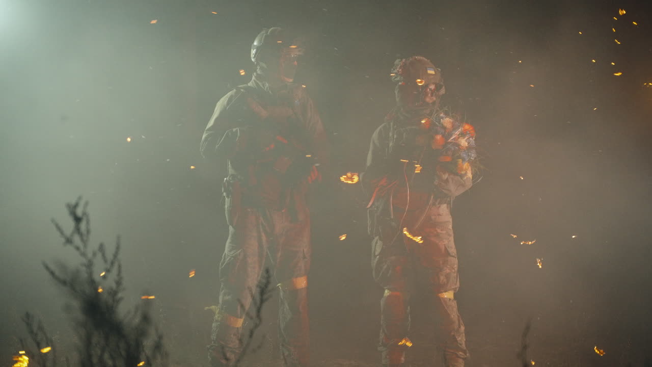 Soldiers in Combat Zone, Night-time Scene with Flowers