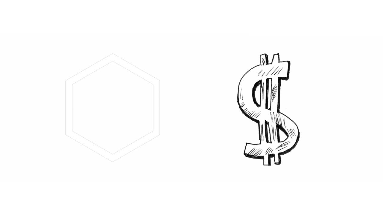 Animasi digital bentuk heksagonal dan simbol dolar dengan latar belakang putih.