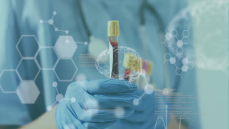 animation of data processing with brains and molecules over caucasian doctor holding vial in lab
