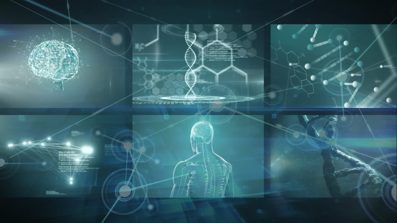 연결 네트워크를 통해 뇌와 dna 가닥으로 데이터 처리의 애니메이션