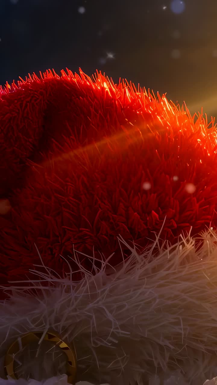 Vertical video: Entering warm light lighting red plush hat in studio, showing white trim, gold ring