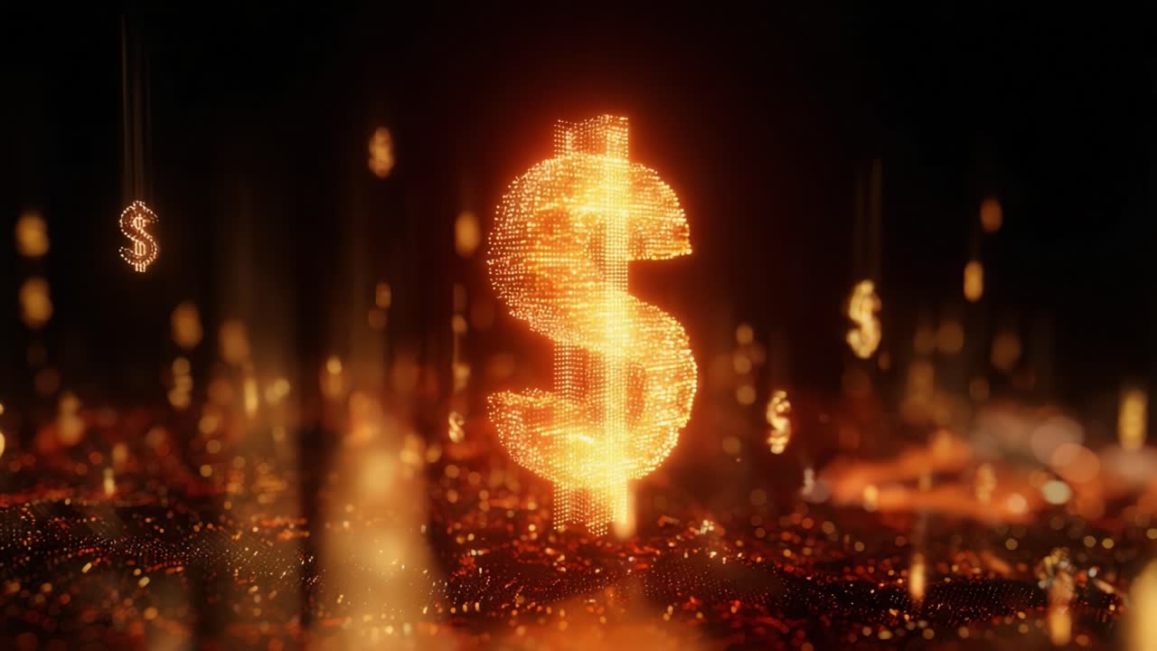 Glowing dollar sign composed of golden digital particles is rotating slowly on a dark background, representing concepts like fintech, cryptocurrency, investment, and global finance