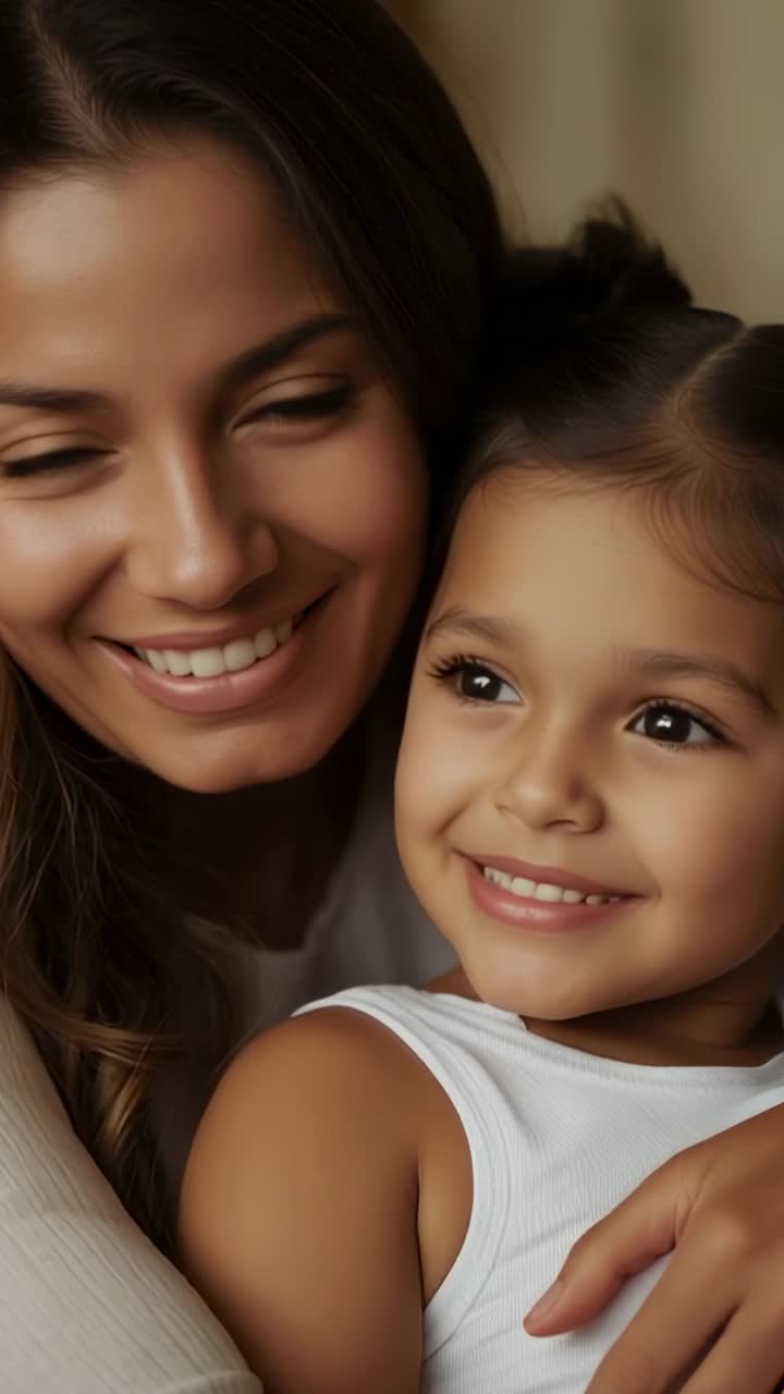 Video verticale: momento iniziale in cui si vede una madre con una maglia beige che abbraccia la figlia sorridendo in casa, creando un legame