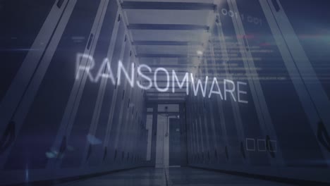 animación de texto de ransomware y procesamiento de datos en la sala del servidor