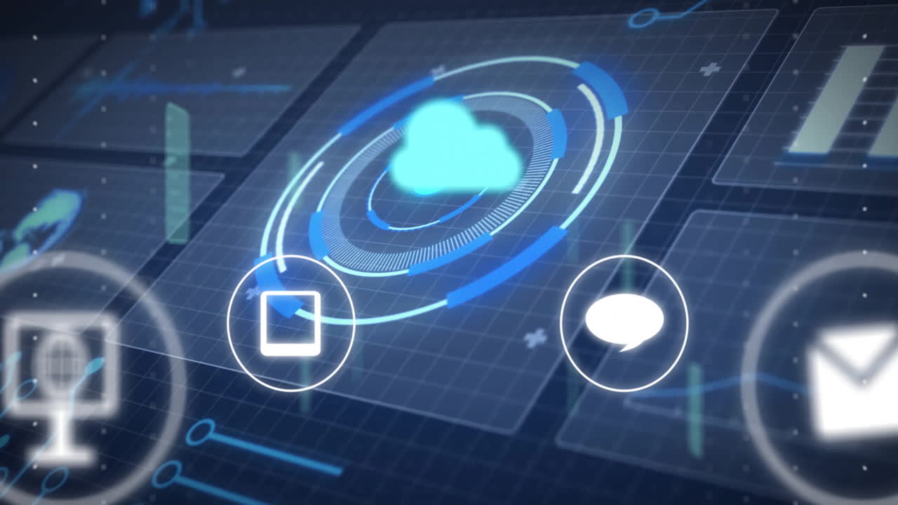 Animation of cloud computing and data synchronization icons on digital interface