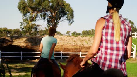 friends riding horse in ranch 4k