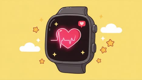 stylish smartwatch displaying heart rate and health metrics with vibrant graphics, featuring a love heart pulse and positive notifications on a playful background