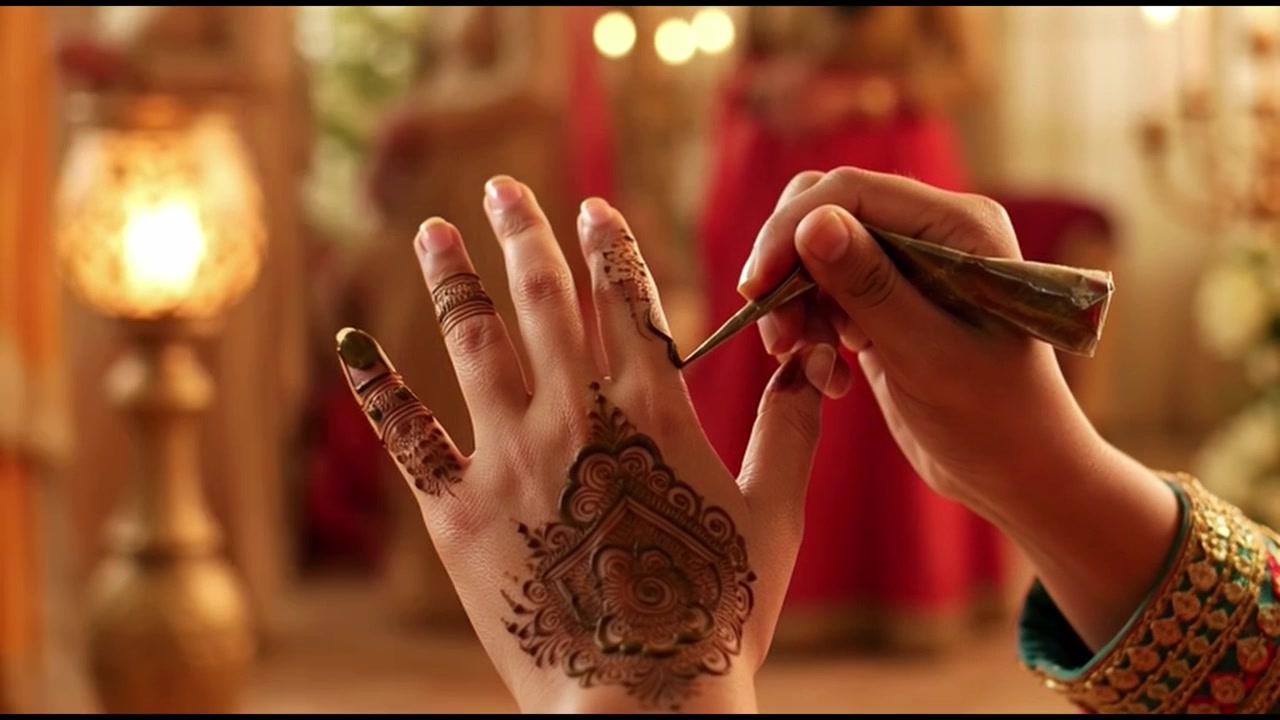 Artista che applica un elaborato disegno all'henné sulla mano per un matrimonio