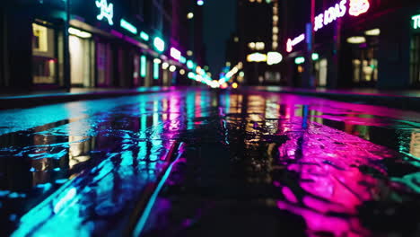 neon-lit city street at night with reflections