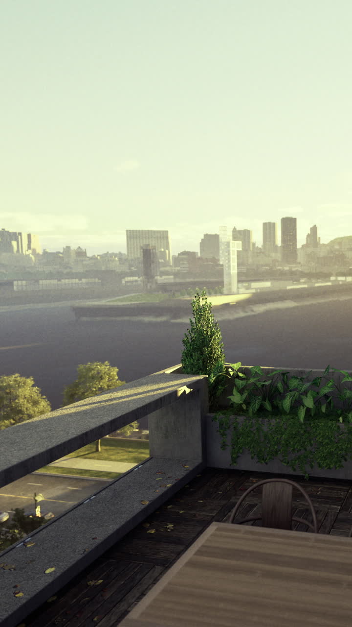 Vista da cidade de uma varanda serena com vista para o rio ao nascer do sol.