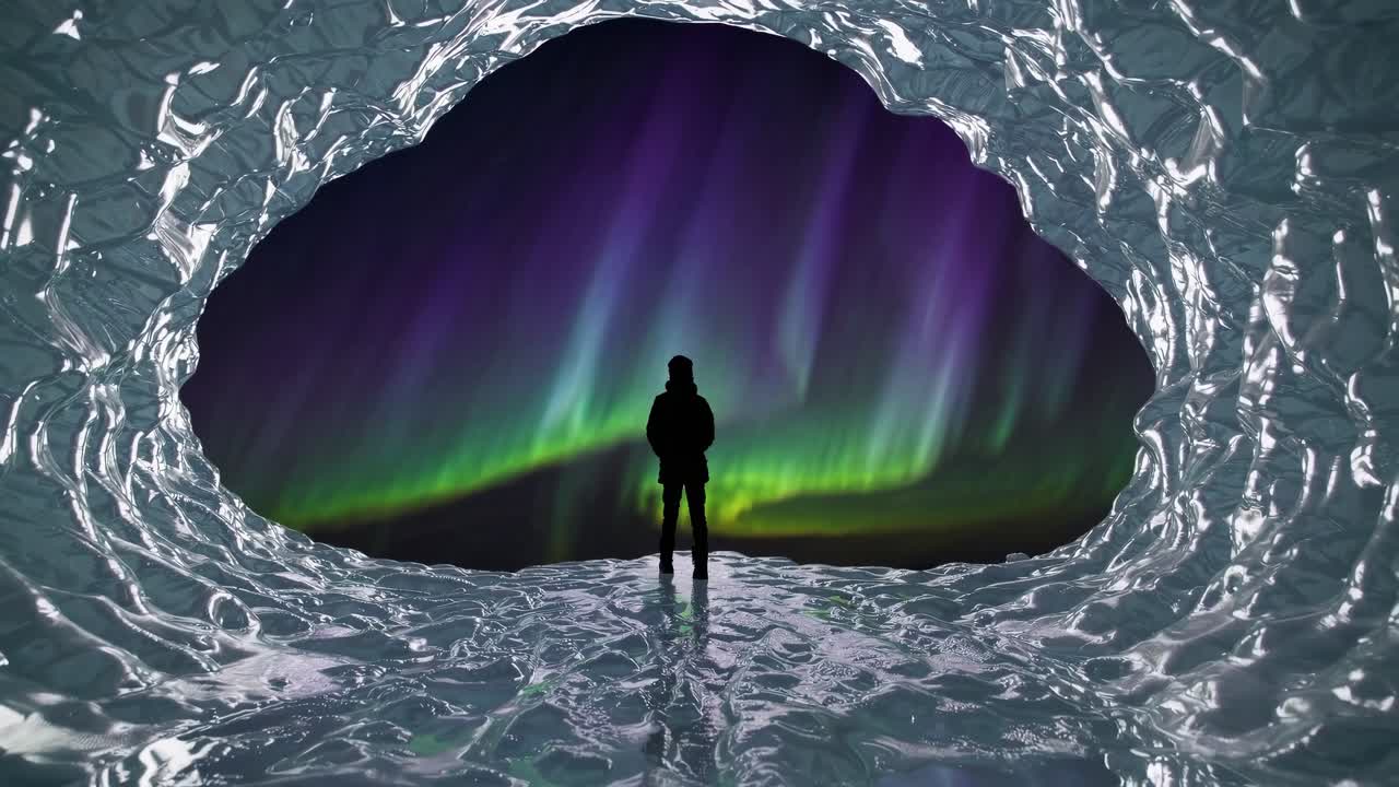 Silhouette in icy cave frames vivid aurora, captured from a low angle, resembling a video scene