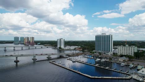 Static-drone-shot-of-the-busy-traffic-over-the-Cape-Coral,-Florida-bridge