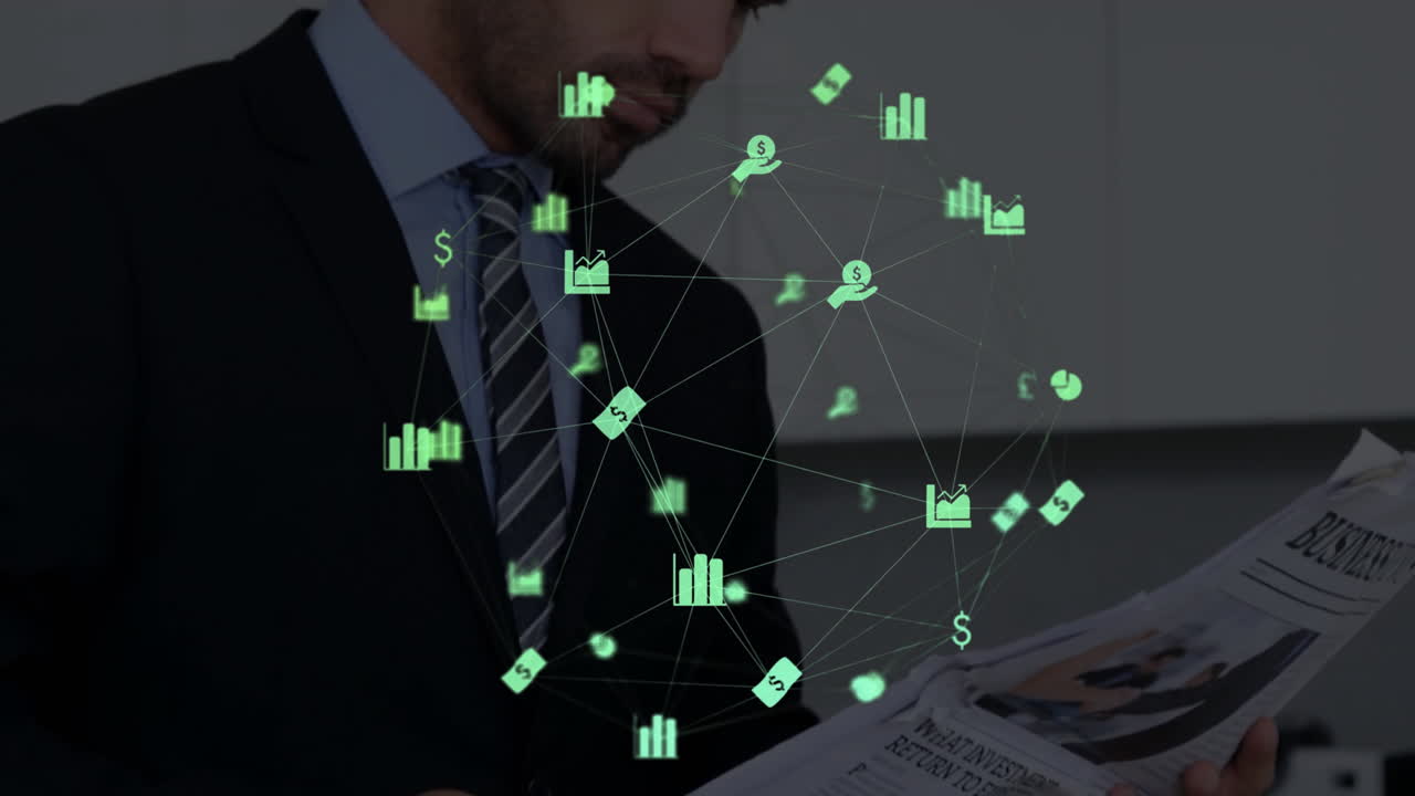 animación de la red de conexiones con iconos sobre empresario caucásico leyendo periódico