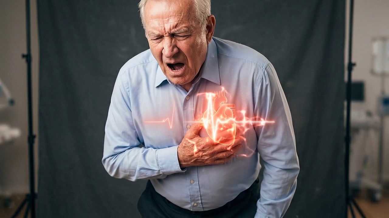 Older man clutching glowing chest with visible heart discomfort in medical view