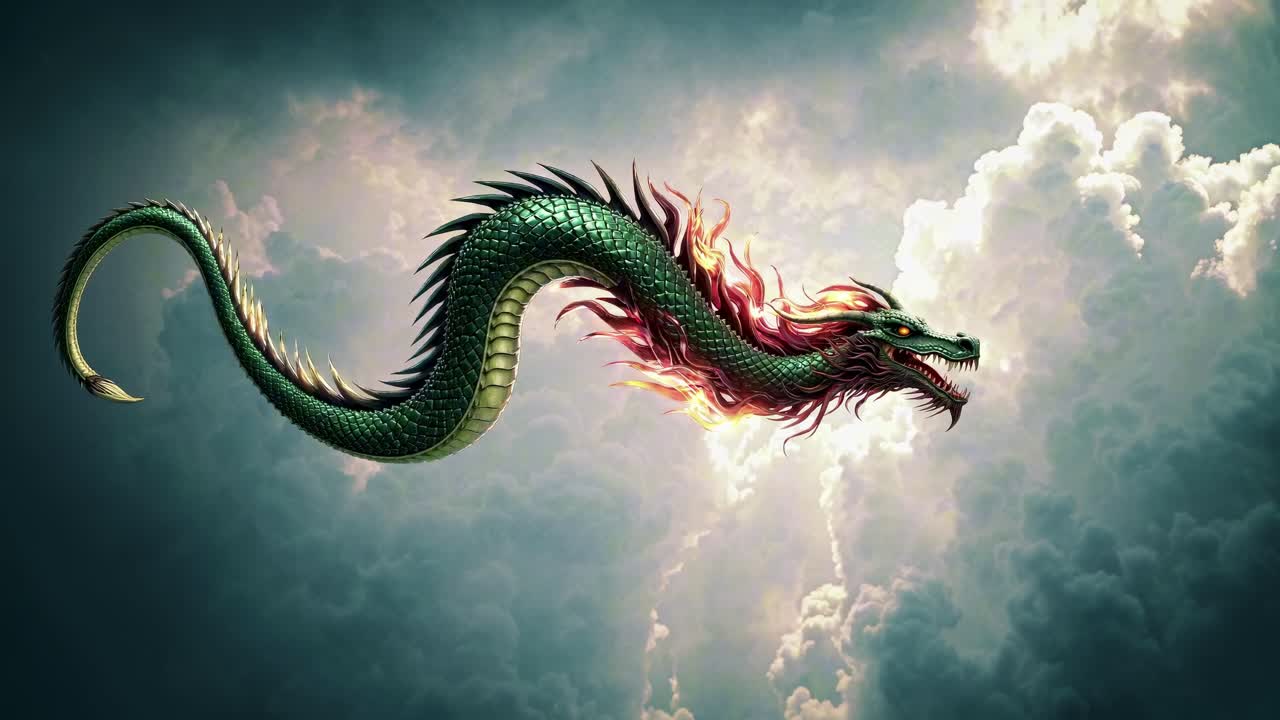 Aerial view of a majestic, mythical dragon soaring through cloudy skies, in a cinematic video style