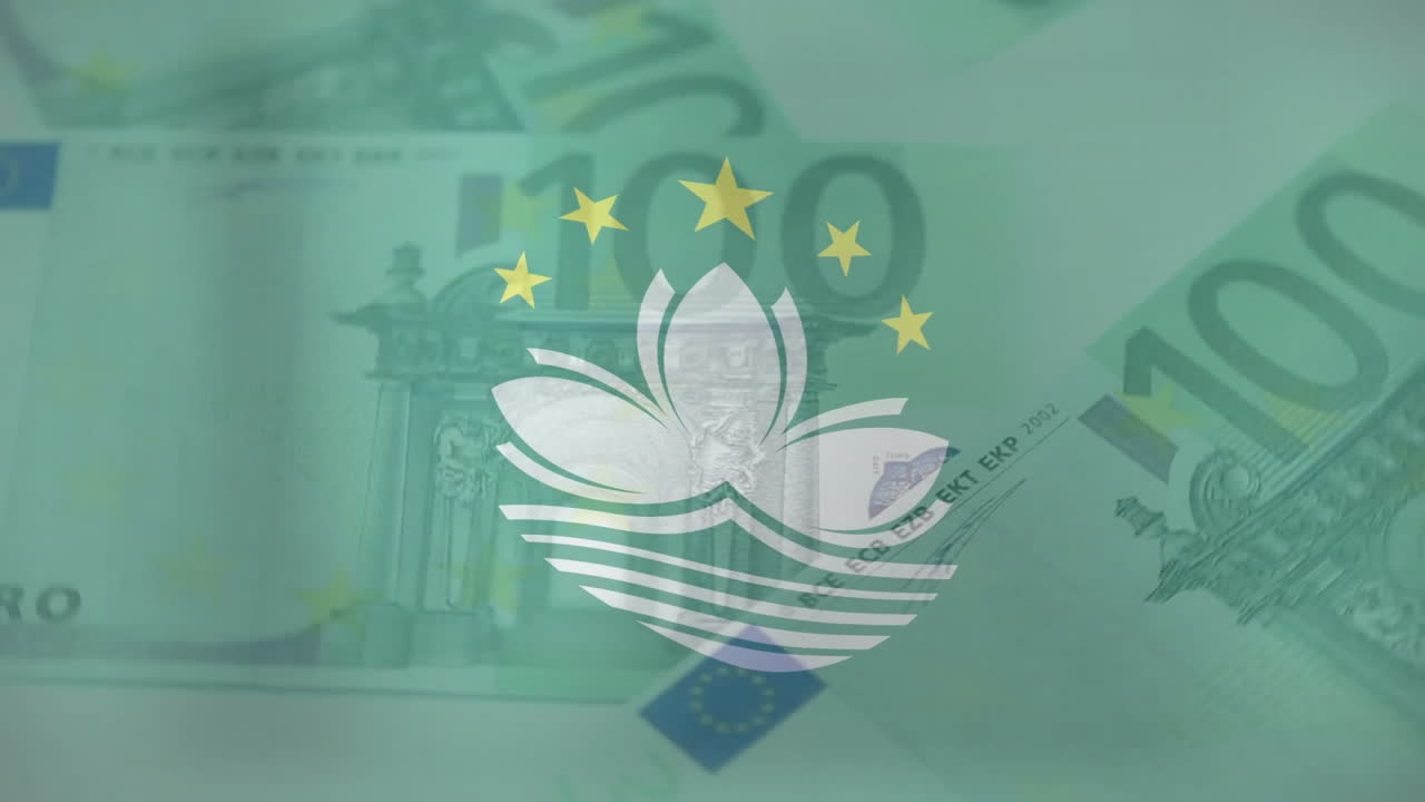 Euro banknotes featuring Macau emblem and stars in animation design