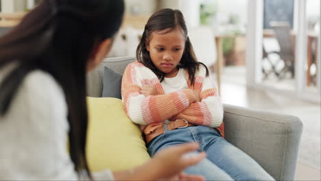 mother and upset child talking at home