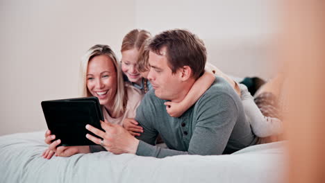 parents, children and tablet in bedroom