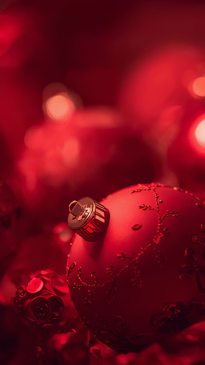Vertical video: Moving camera revealing red Christmas bauble on table, showing glitter vine details