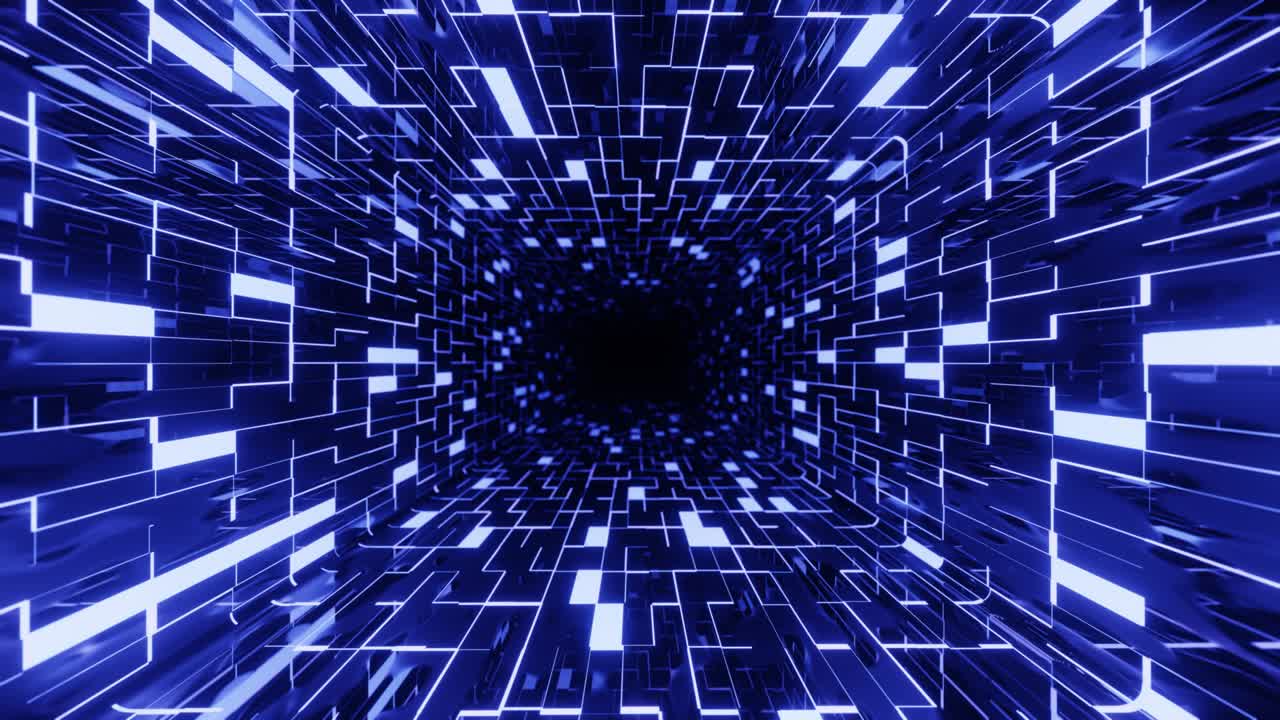 4k seamless looped animation. Fly through mirror tunnel with neon pattern, glow lines form sci fi pattern. Bright reflection neon light. Simple bright background, sci fi structure