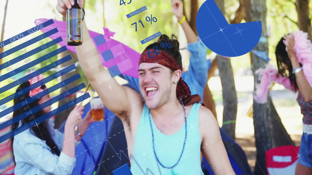 Man raising bottle in park, friends dancing, blue charts covering people, showing marketing data