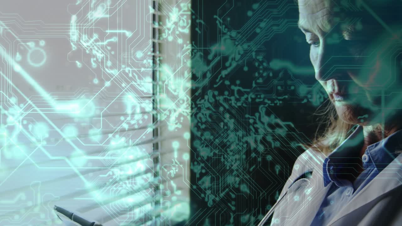 Senior doctor gazing blinds, shifting gaze, raising tablet, viewing clinical data with teal overlay