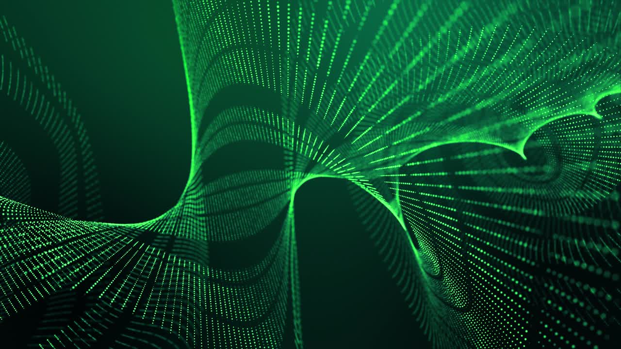 4k looped abstract green background of glow particles form lines, surfaces, stripes structures as futuristic landscape in cyberspace or hologram. Sci-fi theme with DOF, lighting effects and bokeh.