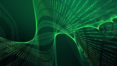 4k looped abstract green background of glow particles form lines, surfaces, stripes structures as futuristic landscape in cyberspace or hologram. sci-fi theme with dof, lighting effects and bokeh.