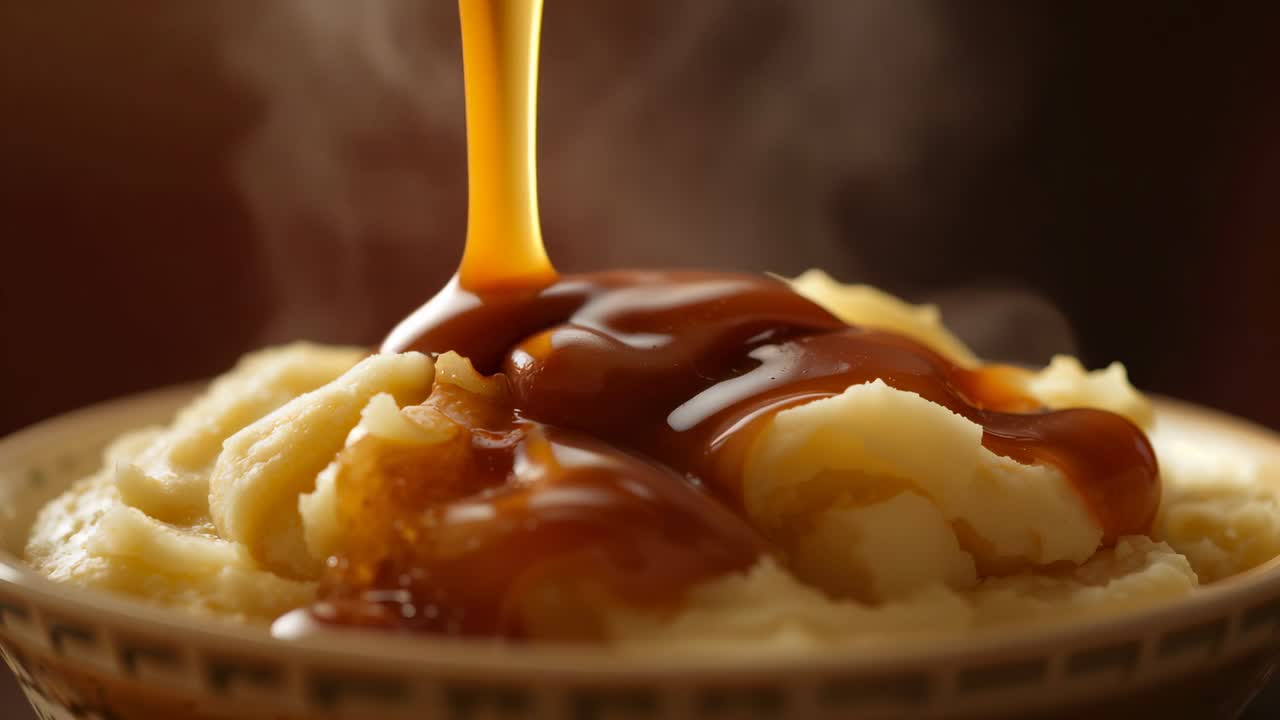 Drizzling gravy stream over mashed potatoes in patterned bowl at food studio, coating potatoes