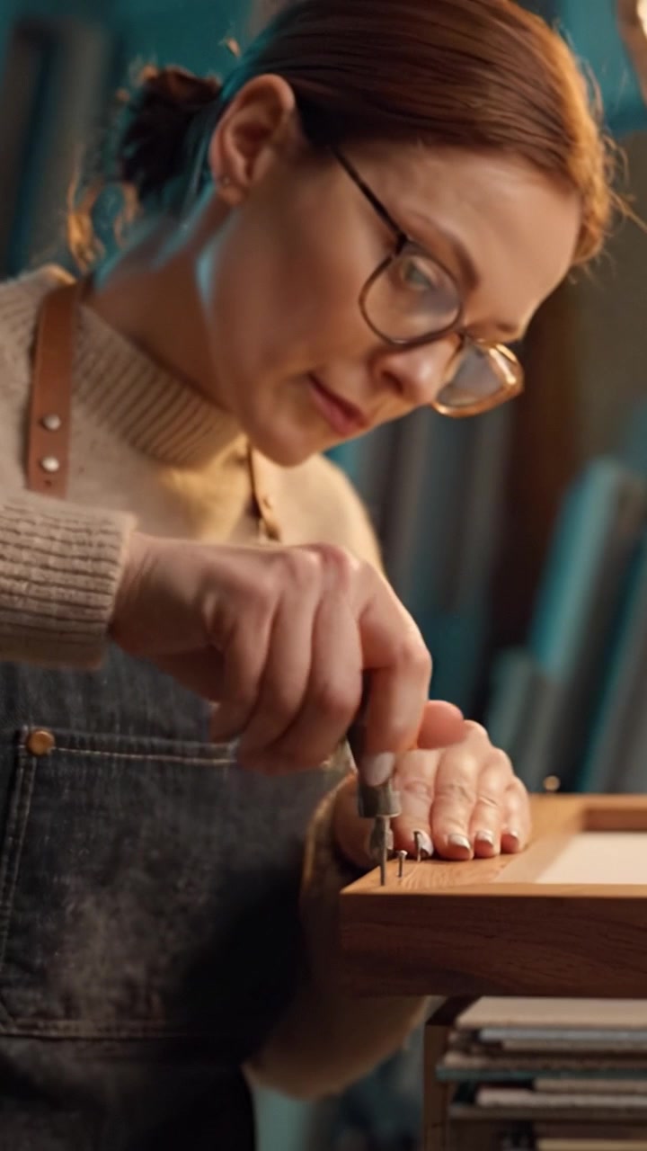 Crafting Precision: A Skilled Artisan Uses Tools to Secure Wood Elements in a Creative Workshop Environment, Showcasing Attention to Detail and Mastery.