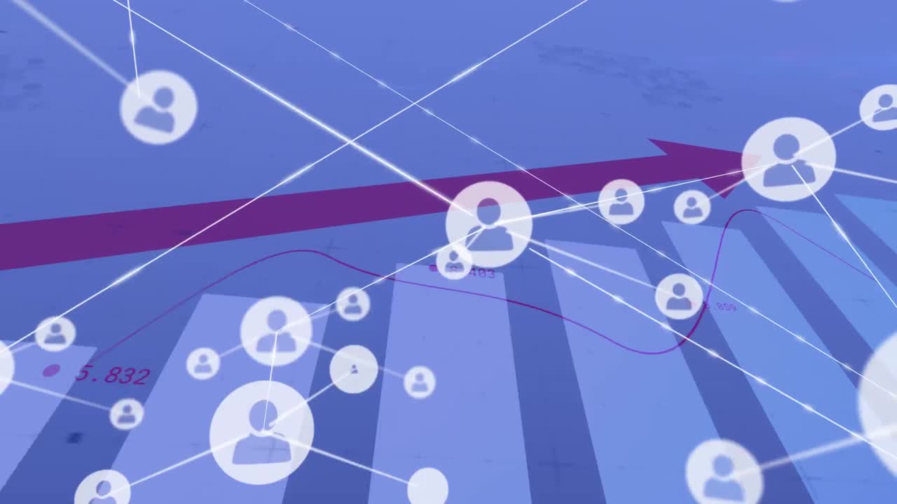 animación de la red de iconos digitales y procesamiento de datos estadísticos contra un fondo gris