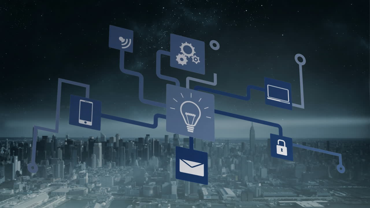 Floating digital network connecting urban skyline, featuring tech icons in 3D render