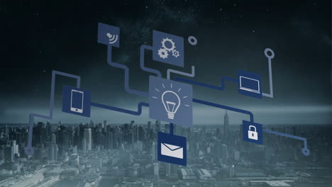 floating digital network connecting urban skyline, featuring tech icons in 3d render