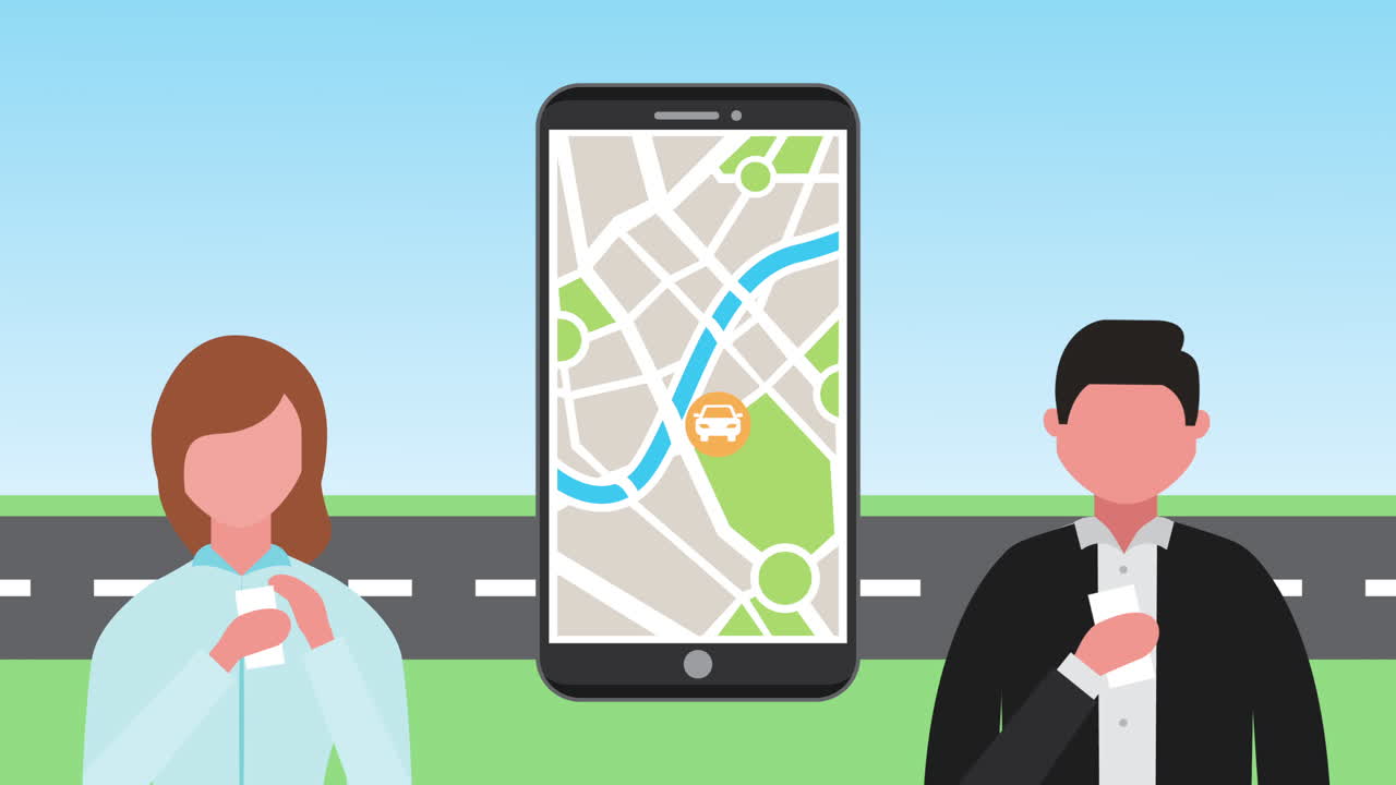 pareja que utiliza un teléfono inteligente con una aplicación de transporte